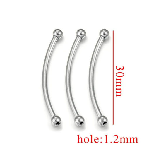 Picture of 5 PCs 304 Stainless Steel Beads For DIY Jewelry Making Curved Tube Silver Tone 30mm x 4mm, Hole: Approx 1mm