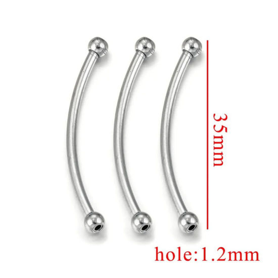 Picture of 5 PCs 304 Stainless Steel Beads For DIY Jewelry Making Curved Tube Silver Tone 35mm x 4mm, Hole: Approx 1mm