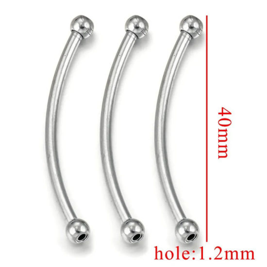 Picture of 5 PCs 304 Stainless Steel Beads For DIY Jewelry Making Curved Tube Silver Tone 40mm x 4mm, Hole: Approx 1mm