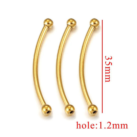 Picture of 5 PCs Vacuum Plating 304 Stainless Steel Beads For DIY Jewelry Making Curved Tube 18K Gold Plated 35mm x 4mm, Hole: Approx 1mm