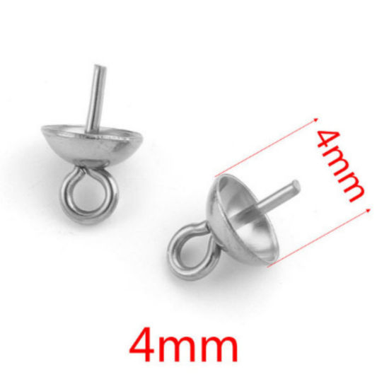 Picture of 10 PCs 304 Stainless Steel Pearl Pendant Connector Bail Pin Cap Silver Tone 8mm x 4mm, Needle Thickness: 0.7mm