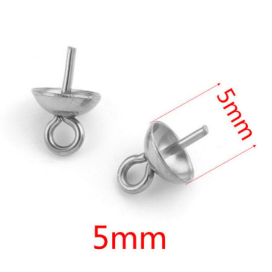 Picture of 10 PCs 304 Stainless Steel Pearl Pendant Connector Bail Pin Cap Silver Tone 7mm x 5mm, Needle Thickness: 0.7mm