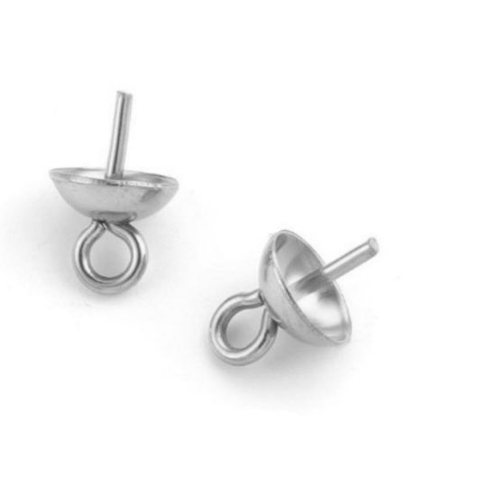 Image de 10 Pcs Bélière pour Perle en 304 Acier Inoxydable Argent Mat 7mm x 6mm, Épaisseur d'Aiguille: 0.7mm