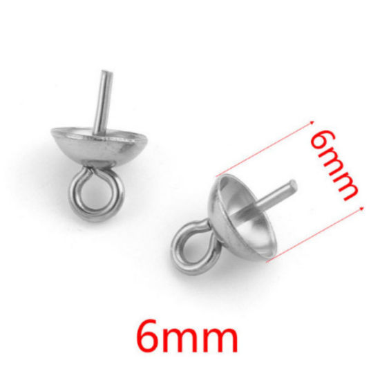 Picture of 10 PCs 304 Stainless Steel Pearl Pendant Connector Bail Pin Cap Silver Tone 7mm x 6mm, Needle Thickness: 0.7mm