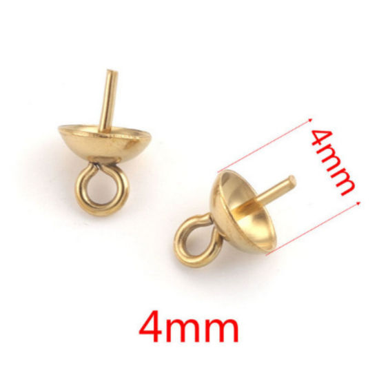 Picture of 10 PCs Vacuum Plating 304 Stainless Steel Pearl Pendant Connector Bail Pin Cap 18K Gold Plated 8mm x 4mm, Needle Thickness: 0.7mm