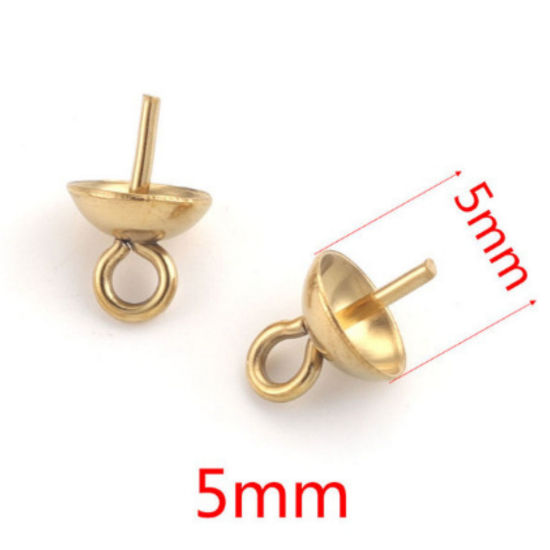 Picture of 10 PCs Vacuum Plating 304 Stainless Steel Pearl Pendant Connector Bail Pin Cap 18K Gold Plated 7mm x 5mm, Needle Thickness: 0.7mm