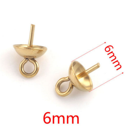 Picture of 10 PCs Vacuum Plating 304 Stainless Steel Pearl Pendant Connector Bail Pin Cap 18K Gold Plated 7mm x 6mm, Needle Thickness: 0.7mm