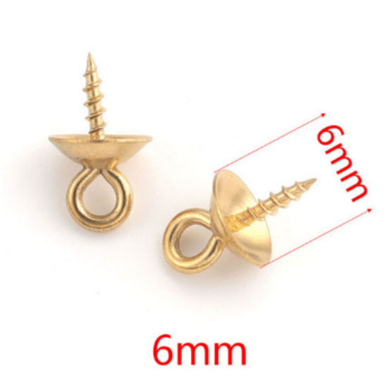 Picture of 10 PCs Vacuum Plating 304 Stainless Steel Pearl Pendant Connector Bail Pin Cap 18K Gold Plated 10mm x 6mm, Needle Thickness: 1.2mm