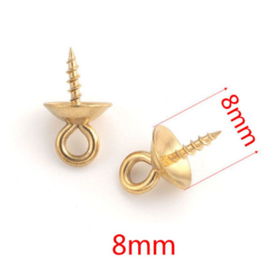 Picture of 10 PCs Vacuum Plating 304 Stainless Steel Pearl Pendant Connector Bail Pin Cap 18K Gold Plated 10mm x 8mm, Needle Thickness: 1.2mm