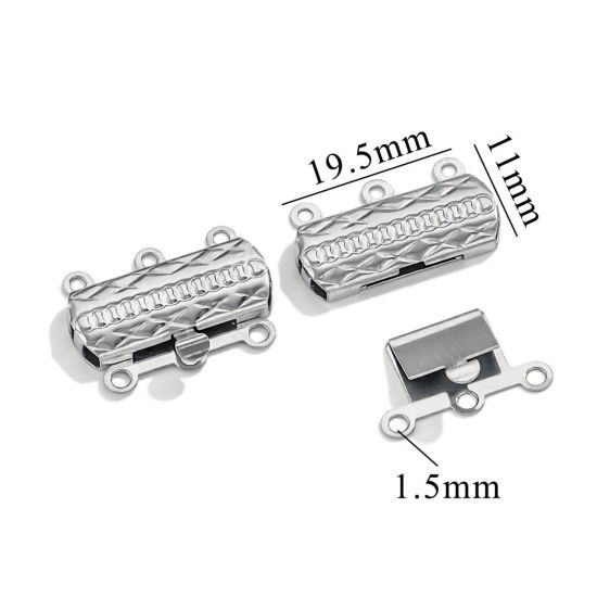 Picture of 10 PCs 304 Stainless Steel Layered Buckle Clasps For Stackable Multi-layer Necklace Bracelet Rectangle Grid Checker Silver Tone 19.5mm x 15mm