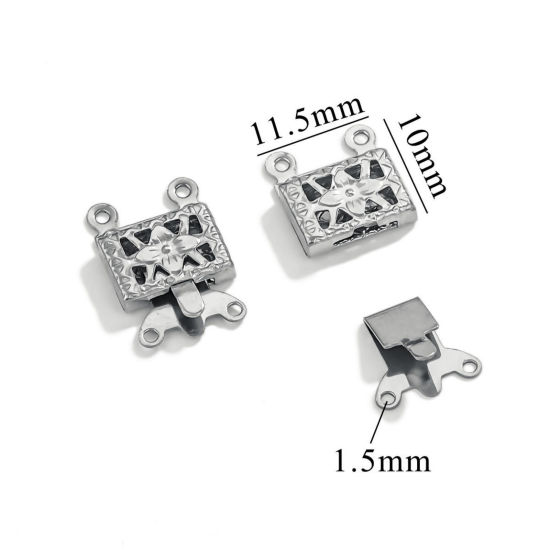 Picture of 10 PCs 304 Stainless Steel Layered Buckle Clasps For Stackable Multi-layer Necklace Bracelet Rectangle Flower Silver Tone 15mm x 10mm