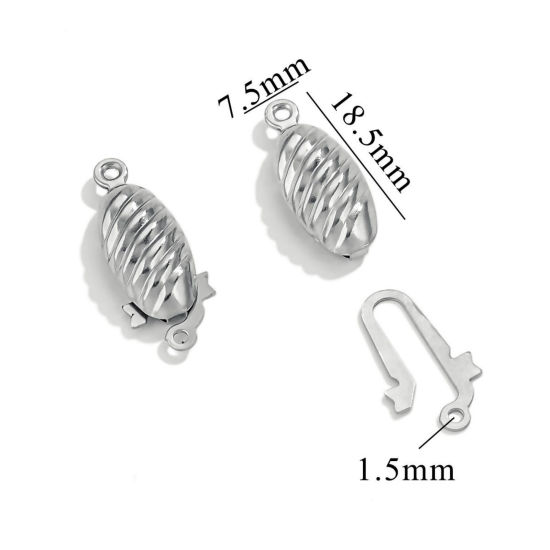 Picture of 10 PCs 304 Stainless Steel Pinch Clasp Oval Stripe Silver Tone 21.5mm x 8mm