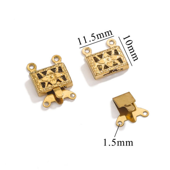 Picture of 10 PCs Vacuum Plating 304 Stainless Steel Layered Buckle Clasps For Stackable Multi-layer Necklace Bracelet Rectangle Flower 18K Gold Plated 15mm x 10mm