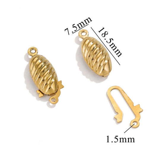 Picture of 10 PCs Vacuum Plating 304 Stainless Steel Pinch Clasp Oval Stripe 18K Gold Plated 21.5mm x 8mm