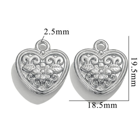 Image de 2 Pcs Breloques en 304 Acier Inoxydable La Saint Valentin Cœur Argent Mat Fleurs 20mm x 19mm