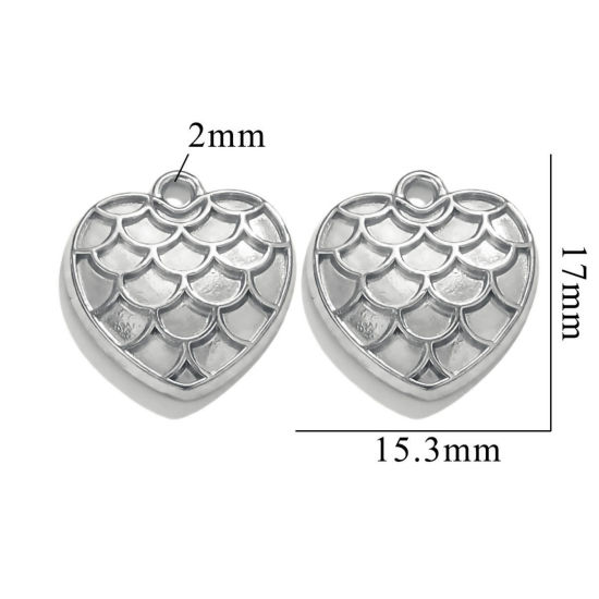 Image de 2 Pcs Breloques en 304 Acier Inoxydable La Saint Valentin Cœur Argent Mat Ecailles de Poisson 17mm x 16mm