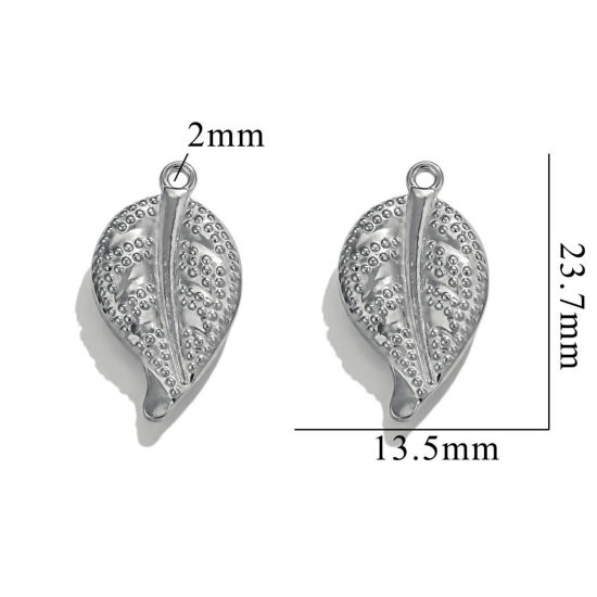 Image de 2 Pcs Breloques en 304 Acier Inoxydable 3D Feuille Argent Mat 24mm x 13mm