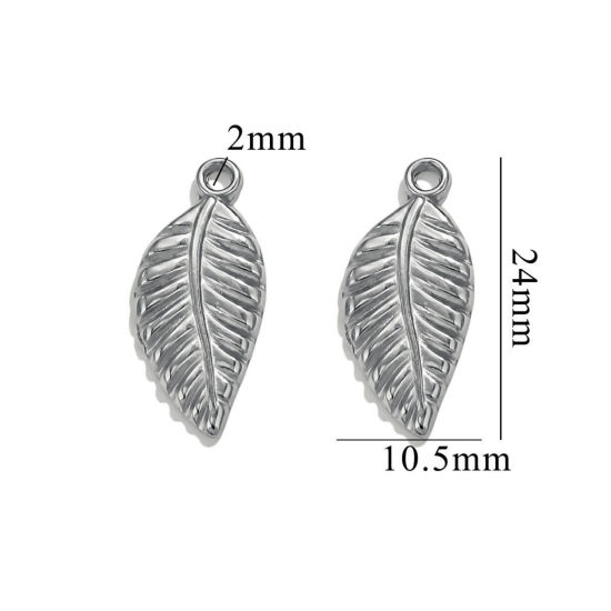 Image de 2 Pcs Breloques en 304 Acier Inoxydable Feuille Argent Mat 24mm x 11mm