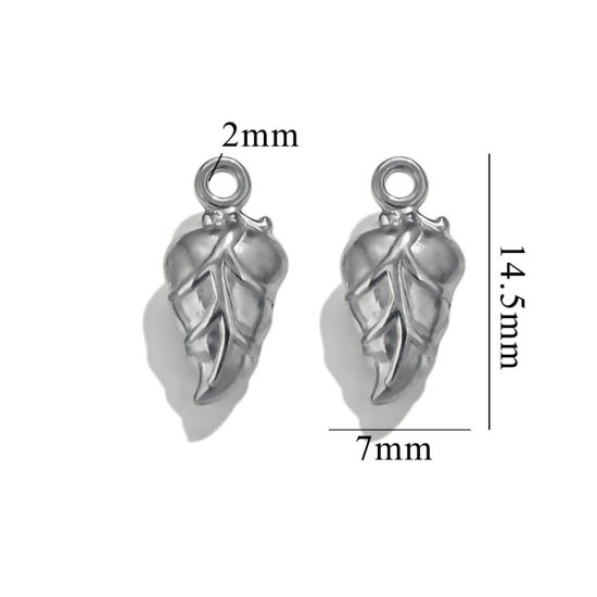 Image de 2 Pcs Breloques en 304 Acier Inoxydable 3D Feuille Argent Mat 15mm x 7mm