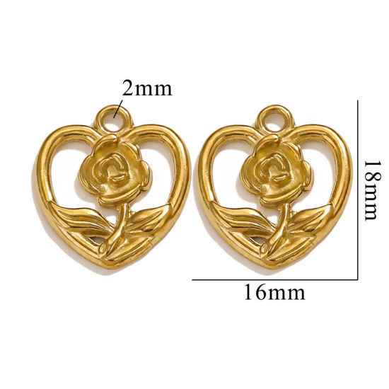 Picture of 2 PCs Vacuum Plating 304 Stainless Steel Charms 18K Gold Plated Heart Rose Flower 18.5mm x 16mm