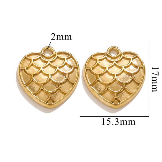 Picture of 2 PCs Vacuum Plating 304 Stainless Steel Charms 18K Gold Plated Heart Fish Scale 17mm x 16mm