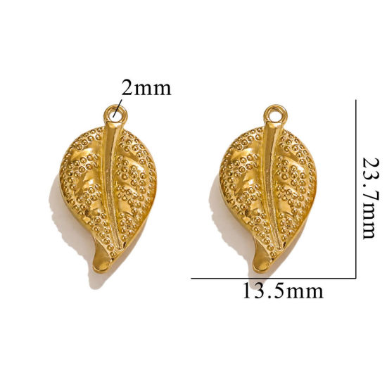 Picture of 2 PCs Vacuum Plating 304 Stainless Steel 3D Charms 18K Gold Plated Leaf 24mm x 13mm