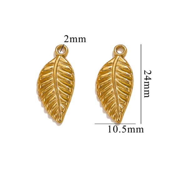 Picture of 2 PCs Vacuum Plating 304 Stainless Steel Charms 18K Gold Plated Leaf 24mm x 11mm