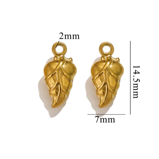 Picture of 2 PCs Vacuum Plating 304 Stainless Steel 3D Charms 18K Gold Plated Leaf 15mm x 7mm