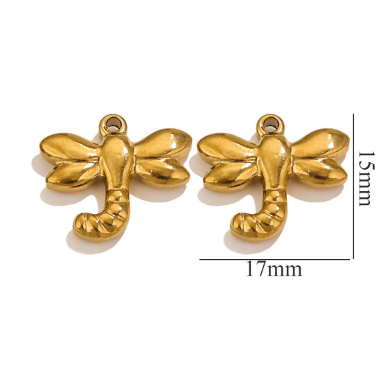 Picture of 2 PCs Vacuum Plating 304 Stainless Steel Charms 18K Gold Plated Dragonfly Animal 17mm x 15mm