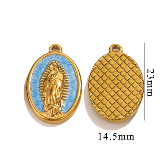 Picture of 1 Piece Vacuum Plating 304 Stainless Steel Religious Charms 18K Gold Plated Blue Pearlized Oval Virgin Mary Enamel 23mm x 14.5mm