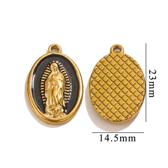 Picture of 1 Piece Vacuum Plating 304 Stainless Steel Religious Charms 18K Gold Plated Black Oval Virgin Mary Enamel 23mm x 14.5mm