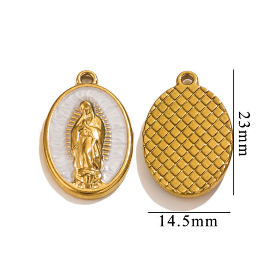 Picture of 1 Piece Vacuum Plating 304 Stainless Steel Religious Charms 18K Gold Plated White Pearlized Oval Virgin Mary Enamel 23mm x 14.5mm