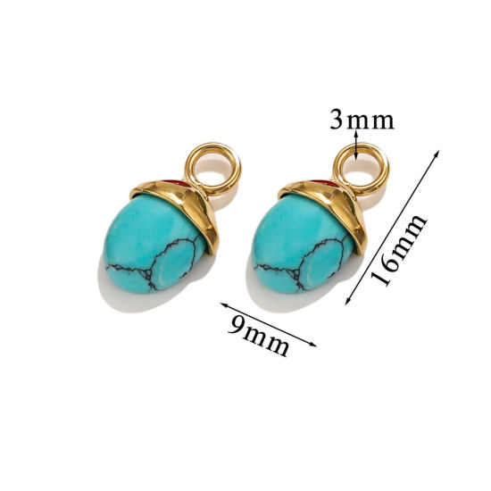 Image de 1 Pièce Breloques en 304 Acier Inoxydable & Gemme Placage sous Vide Gland du Chêne Plaqué Or 18K Bleu-Vert 16mm x 9mm