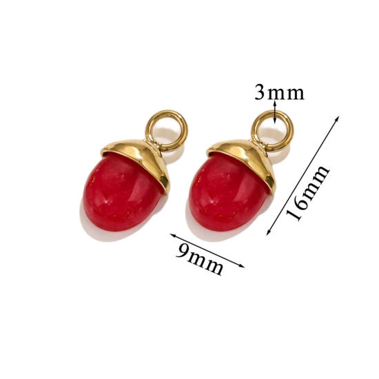 Image de 1 Pièce Breloques en 304 Acier Inoxydable & Gemme Placage sous Vide Gland du Chêne Plaqué Or 18K Rouge 16mm x 9mm