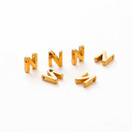 Immagine di 5 Pz Placcatura Sottovuoto 304 Acciaio Inossidabile Mini Ciondoli Placcato Oro 18K Lettera Maiuscola Messaggio " N " Brunitura a Rulli 9.5mm x 7mm