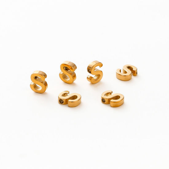 Immagine di 5 Pz Placcatura Sottovuoto 304 Acciaio Inossidabile Mini Ciondoli Placcato Oro 18K Lettera Maiuscola Messaggio " S " Brunitura a Rulli 9.5mm x 7mm