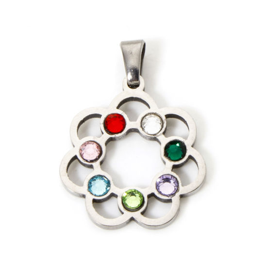 Изображение 1 Piece 304 Stainless Steel Pendants Silver Tone Flower Hollow Multicolor Rhinestone 27mm x 20mm