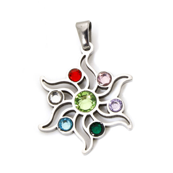 Изображение 1 Piece 304 Stainless Steel Pendants Silver Tone Flower Spiral Hollow Multicolor Rhinestone 3.1cm x 2.1cm