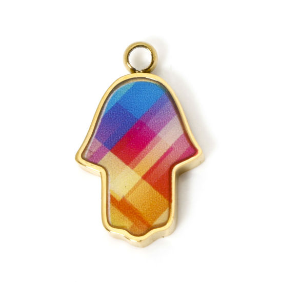 Picture of 1 Piece Vacuum Plating 304 Stainless Steel Pendants 18K Gold Plated Multicolor Hamsa Symbol Hand Enamel 17mm x 11mm