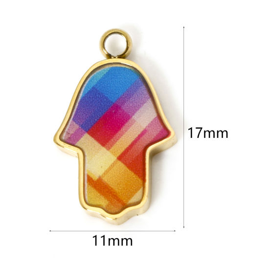 Picture of 1 Piece Vacuum Plating 304 Stainless Steel Pendants 18K Gold Plated Multicolor Hamsa Symbol Hand Enamel 17mm x 11mm