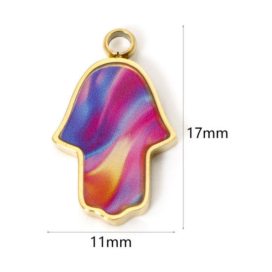 Picture of 1 Piece Vacuum Plating 304 Stainless Steel Pendants 18K Gold Plated Multicolor Hamsa Symbol Hand Enamel 17mm x 11mm