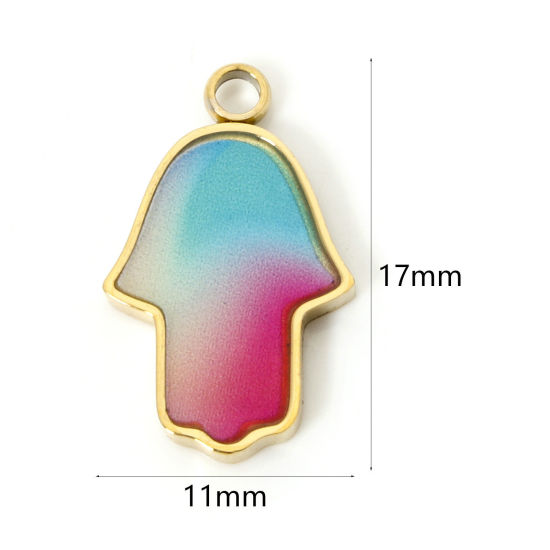 Picture of 1 Piece Vacuum Plating 304 Stainless Steel Pendants 18K Gold Plated Multicolor Hamsa Symbol Hand Enamel 17mm x 11mm