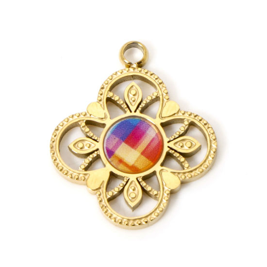 Picture of 1 Piece Vacuum Plating 304 Stainless Steel Pendants 18K Gold Plated Multicolor Flower Enamel 19mm x 16mm