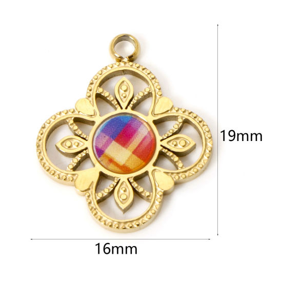 Picture of 1 Piece Vacuum Plating 304 Stainless Steel Pendants 18K Gold Plated Multicolor Flower Enamel 19mm x 16mm