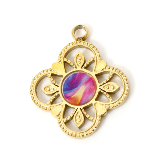 Picture of 1 Piece Vacuum Plating 304 Stainless Steel Pendants 18K Gold Plated Multicolor Flower Enamel 19mm x 16mm