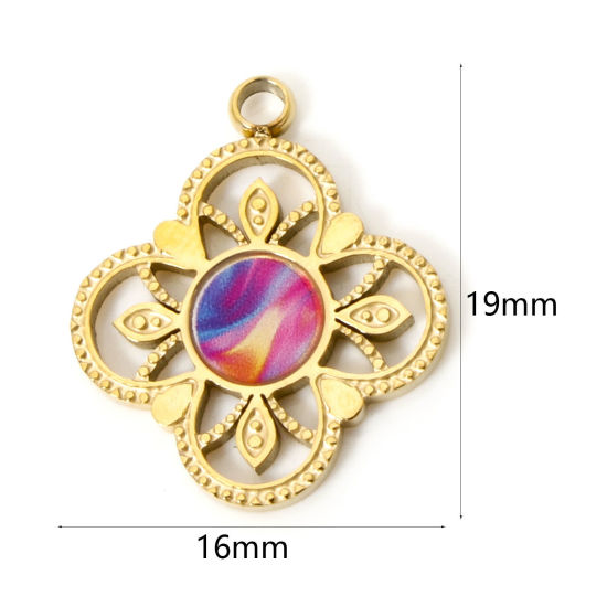 Picture of 1 Piece Vacuum Plating 304 Stainless Steel Pendants 18K Gold Plated Multicolor Flower Enamel 19mm x 16mm