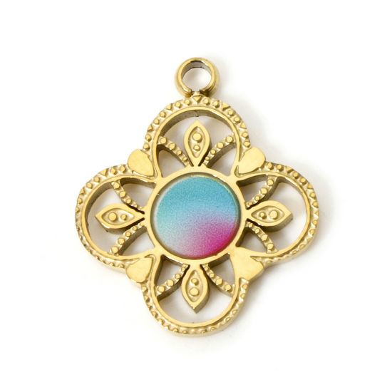 Picture of 1 Piece Vacuum Plating 304 Stainless Steel Pendants 18K Gold Plated Multicolor Flower Enamel 19mm x 16mm