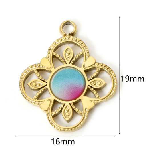 Picture of 1 Piece Vacuum Plating 304 Stainless Steel Pendants 18K Gold Plated Multicolor Flower Enamel 19mm x 16mm