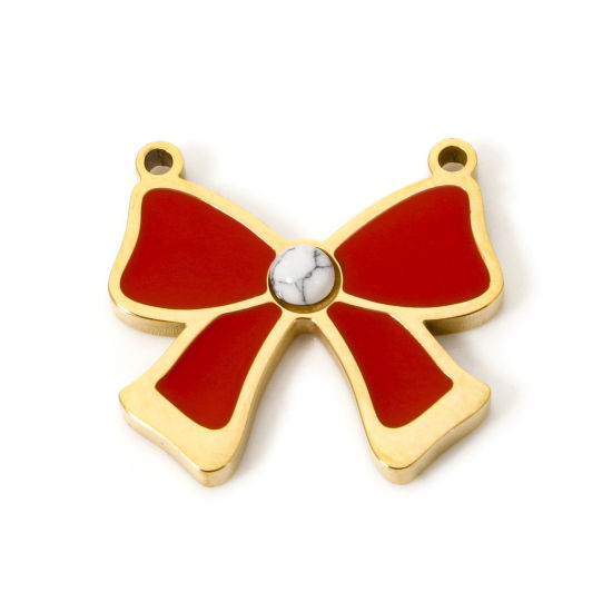 Bild von 1 Stück Umweltfreundliche PVD-Vakuumbeschichtung 304 Edelstahl Kleidung Steckverbinder Charms Anhänger Schleife 18K Vergoldet Rot Emaille 18mm x 16.5mm