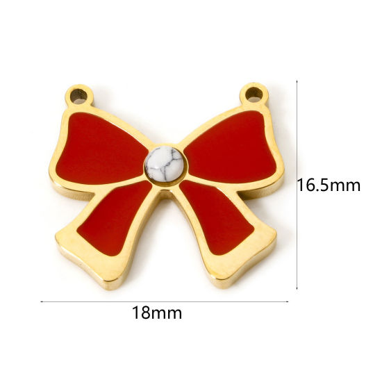 Bild von 1 Stück Umweltfreundliche PVD-Vakuumbeschichtung 304 Edelstahl Kleidung Steckverbinder Charms Anhänger Schleife 18K Vergoldet Rot Emaille 18mm x 16.5mm